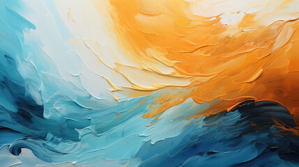Closeup of abstract rough colorful blue orange complementary colors art painting texture background wallpaper, with oil or acrylic brushstroke waves, pallet knife paint on canvas., Generative AI