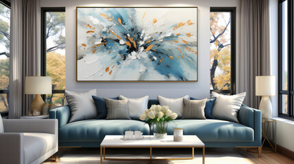 Abstract rough blue white gold art painting texture, with oil brushstroke and dotted blobs points of color, pallet knife paint on canvas, Generative AI