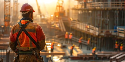 Obraz premium Realistic shot of a construction worker wearing safety gear stands on the site