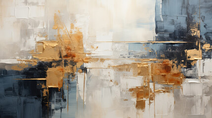 Closeup of abstract rough white gold black art painting texture, with oil acrylic brushstroke, pallet knife paint on canvas, geometric spatula technique with rectangles, Generative AI