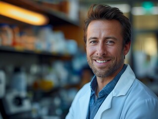 Obraz premium A Medical Researcher male wearing a lab coat, standing in front of a laboratory bench, smiling and looking into the camera