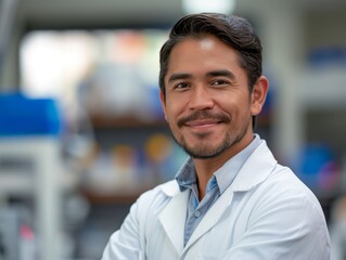 Obraz premium A Medical Researcher male wearing a lab coat, standing in front of a laboratory bench, smiling and looking into the camera