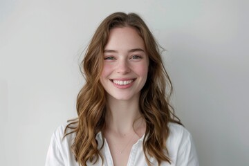 Obraz premium Portrait of a tender caucasian woman in her 20s smiling at the camera while standing against white background