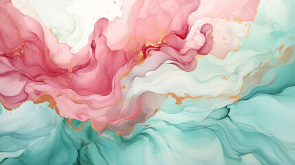 Abstract watercolor paint background illustration web design - Soft green pastel color waves and pink lines, with liquid fluid marbled paper texture banner texture, Generative AI