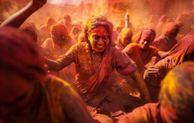 Indian people celebrate Holi festival with colorful powder in the air