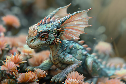 Fairy Dragon A small, iridescent fairy dragon fluttering among flowers