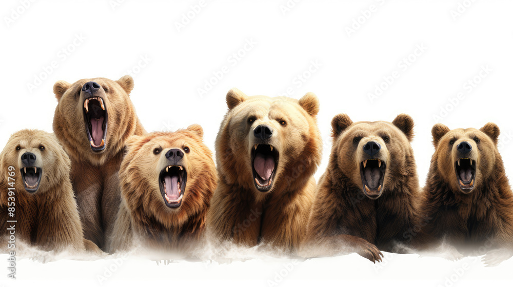 Wall mural Wildlife animals bears banner panorama long - Collection of standing, sitting, screaming, lying group of brown bear , isolated on white background, Generative AI