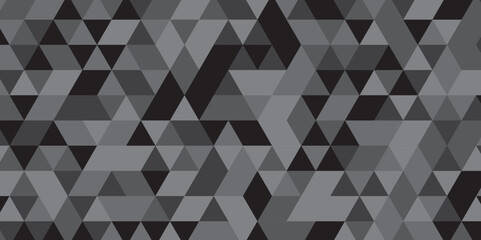 Abstract geometric black and gray background seamless mosaic and low polygon triangle texture wallpaper. Triangle shape retro wall grid pattern geometric ornament tile vector square element.