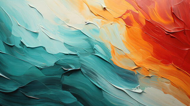Closeup of abstract rough colorful green red complementary colors art painting texture background wallpaper, with oil or acrylic brushstroke waves, pallet knife paint on canvas, Generative AI