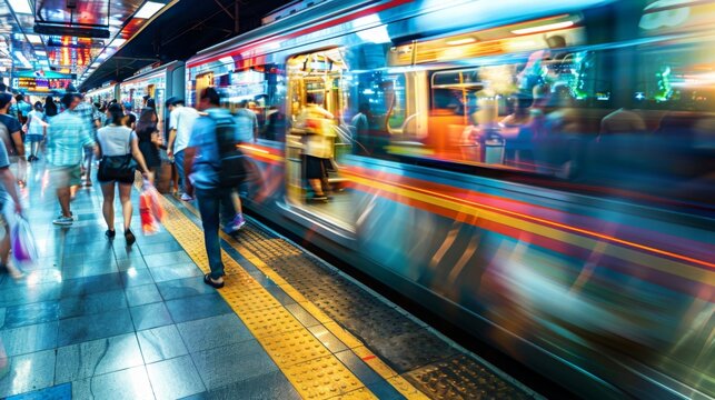 Passengers boarding a crowded skytrain at a station platform during rush hour, blurred motion effect.