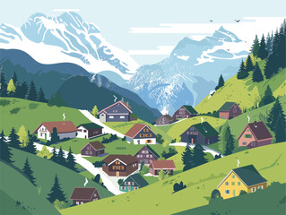 landscape with mountains and houses