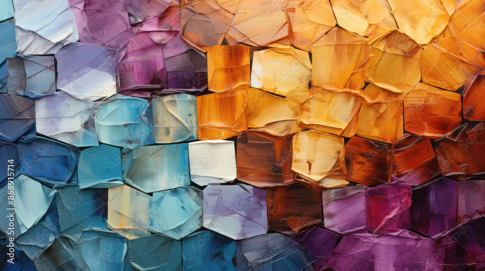 Wall mural closeup of abstract rough colorful multicolored geometric hexagonal hexagons art painting texture 3d