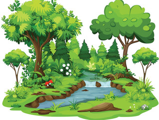 white background, A forest landscape with a babbling brook winding through the trees., very simple and isolate in the style of animated illustrations, white background