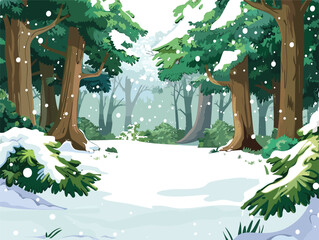 white background, A forest landscape with a carpet of snow covering the forest floor., very simple and isolate in the style of animated illustrations, white background