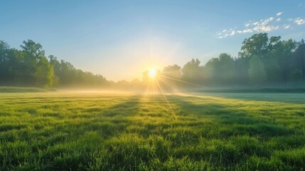 Sunrise over a dew-covered grassy meadow with soft morning light casting long shadows across the tranquil landscape.