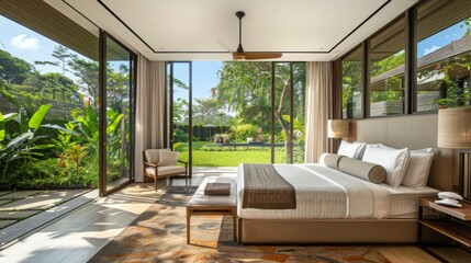 Spacious bedroom interior with a king-size bed, bedside tables, and a panoramic view of a lush green backyard garden.