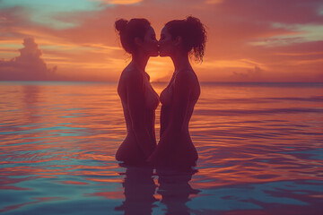 Two lesbian women stand in the ocean, embracing and kissing as the sun sets over the horizon