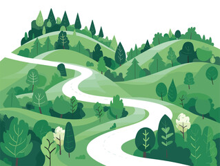 white background, A winding road leading through a forested mountain pass., very simple and isolate in the style of animated illustrations, white background