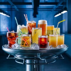 Many different cocktails with straw in the bar.
