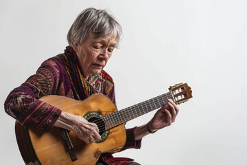 Fototapeta premium Portrait of a tender caucasian elderly woman in her 90s playing the guitar isolated in white background