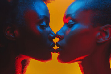 Close-up portrait of two Black lesbian women kissing under red and blue lighting