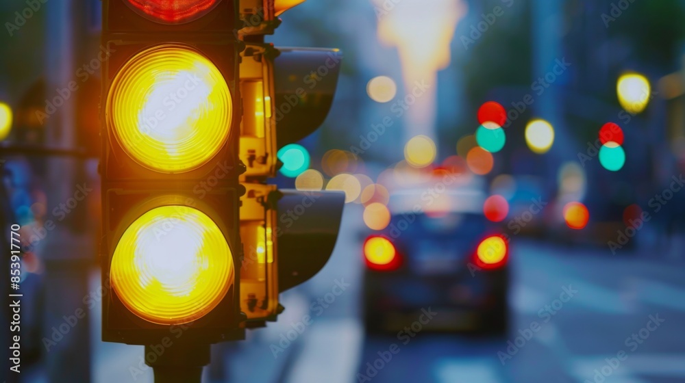 Poster traffic light sequence showing yellow caution light with blurred cars passing through the intersecti