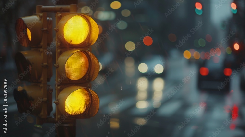 Poster traffic light sequence showing yellow caution light with blurred cars passing through the intersecti