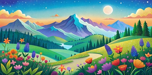 Fototapeta premium Vibrant Mountain Landscape with Blooming Flowers and Colorful Sky