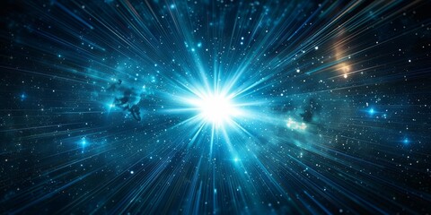 Fototapeta premium Glowing blueish Sunburst Black Background with Dynamic blue Celestial Explosion set Digital Lens Flare Color-Adjusted Light Rays eye level