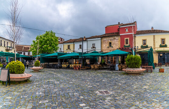 A view across a square in Korca, Albania in summertime