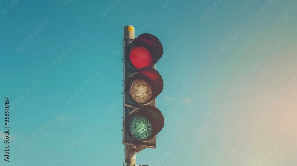 Aufkleber Traffic light signal changing from red to green with vehicles in motion on a clear day.