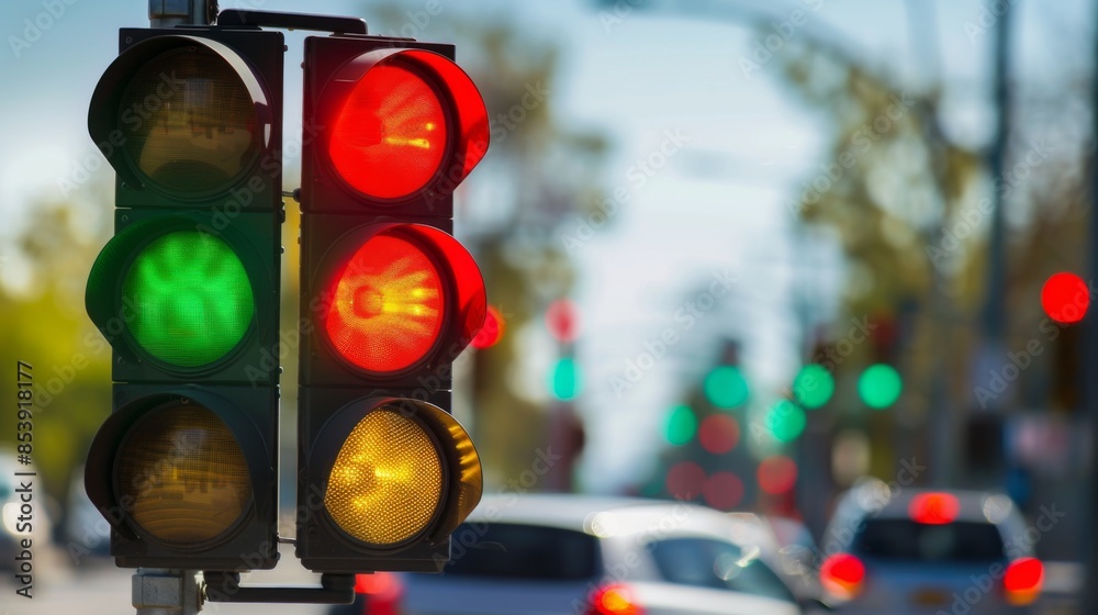 Poster traffic light signal changing from red to green with vehicles in motion on a clear day.