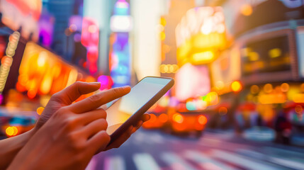 A close-up shot of hands using a smartphone in a vibrant cityscape, illuminated by colorful lights and bustling with energy.