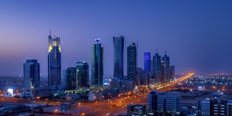 Fototapeta premium During the blue hour, Buildings in Riyadh, Saudi Arabia, stand out.