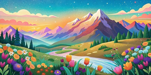 Fototapeta premium Vibrant Mountain Landscape with Blooming Flowers and Colorful Sky