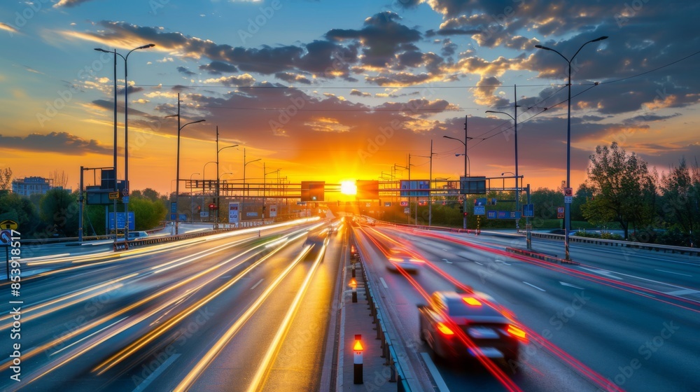 Aufkleber traffic lights at a highway intersection during sunset with vehicles moving in different directions.