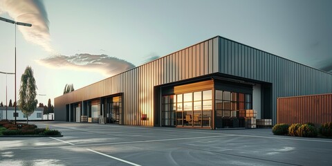 Exterior of a modern warehouse with a small office unit.