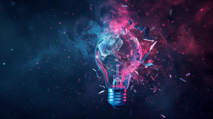 Light bulb shattering with colorful explosive effect in dark background
