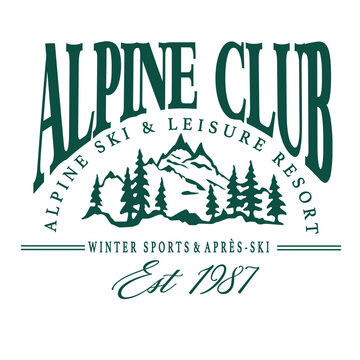 Ski club alpine mountain adventure winter cosy sports Varsity College Trending Graphic Tee t-shirt logo slogan artwork typography tote badge emblem crest
