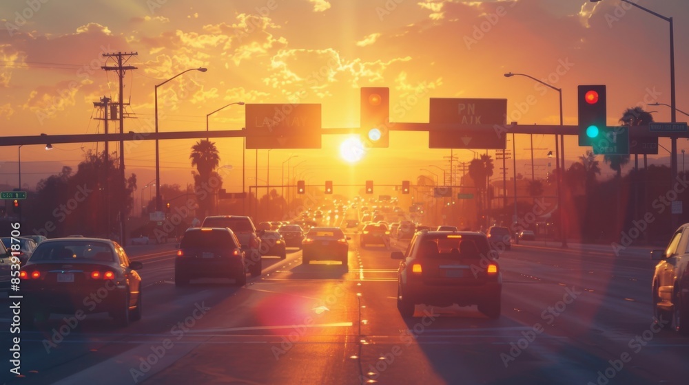 Aufkleber traffic lights at a highway intersection during sunset with vehicles moving in different directions.