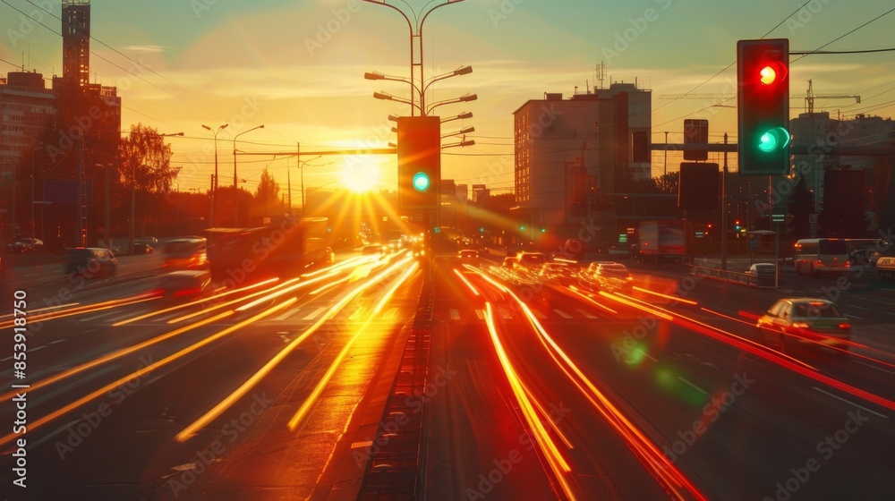 Poster traffic lights at a highway intersection during sunset with vehicles moving in different directions.