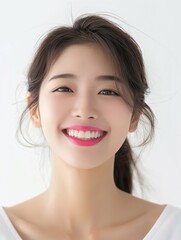 a closeup photo portrait of a beautiful young korean model woman smiling with clean teeth. used for a dental ad. isolated on white background.
