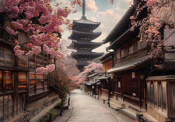 Obraz premium Iconic temples and cherry blossoms. The scene captures traditional wooden buildings with vibrant pink flowers in full bloom along streets leading to one temple's pagoda structure