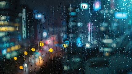 Fototapeta premium Raindrops on Window with Blurred City Lights in the Background at Night