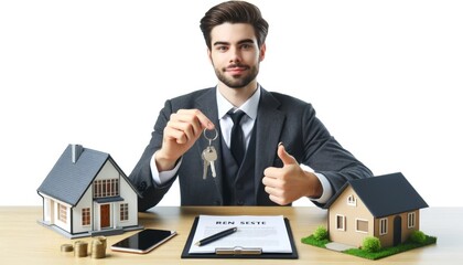 Real Estate Agent Holding Keys with House Models
