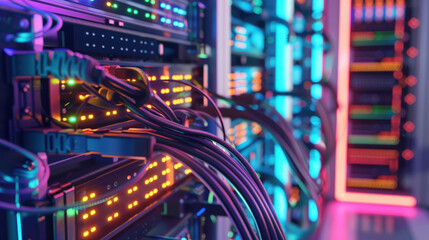 Naklejka premium Close-Up of Colorful LED Lights and Cables in a Network Data Center