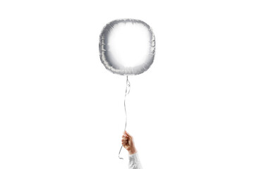 Hand holding blank silver round balloon mockup, isolated © Alexandr Bognat