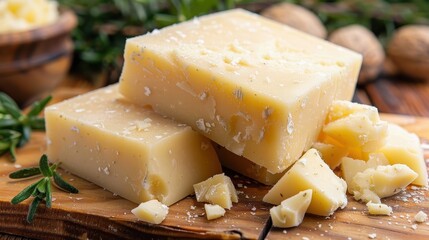 This image showcases a close-up of aged cheese cut into blocks on a wooden cutting board, with cheese crumbles around