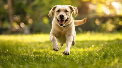 Labrador Retriever playing in the park: Happy Labrador Retriever running and playing in a green park.