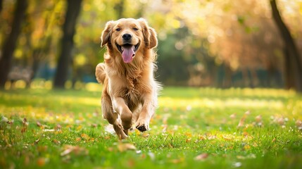 Golden retriever playing in the park: Happy golden retriever running and playing in a green park.